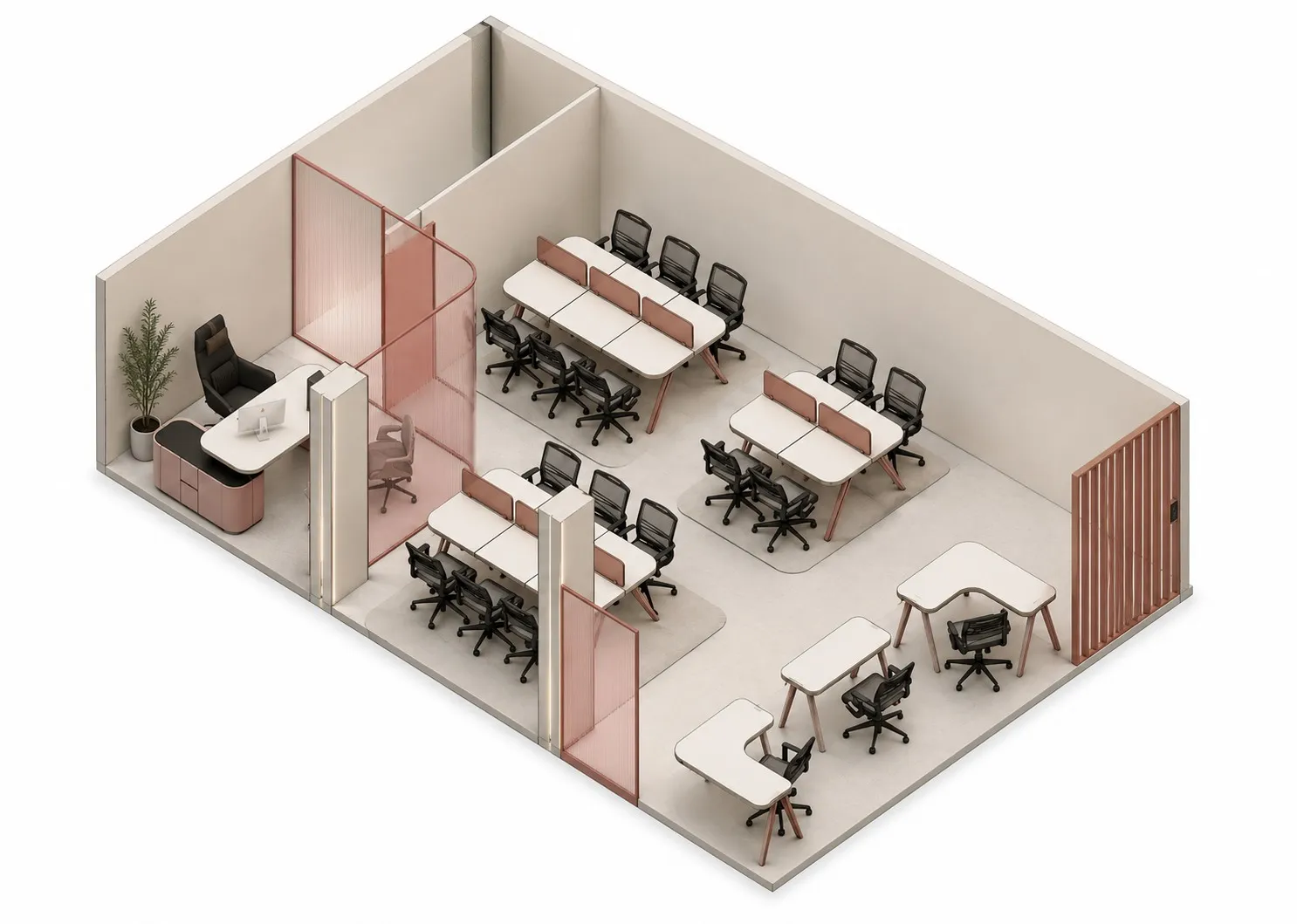 Fly United corporate office — acoustic double-glazed partitions and custom reception, Calicut